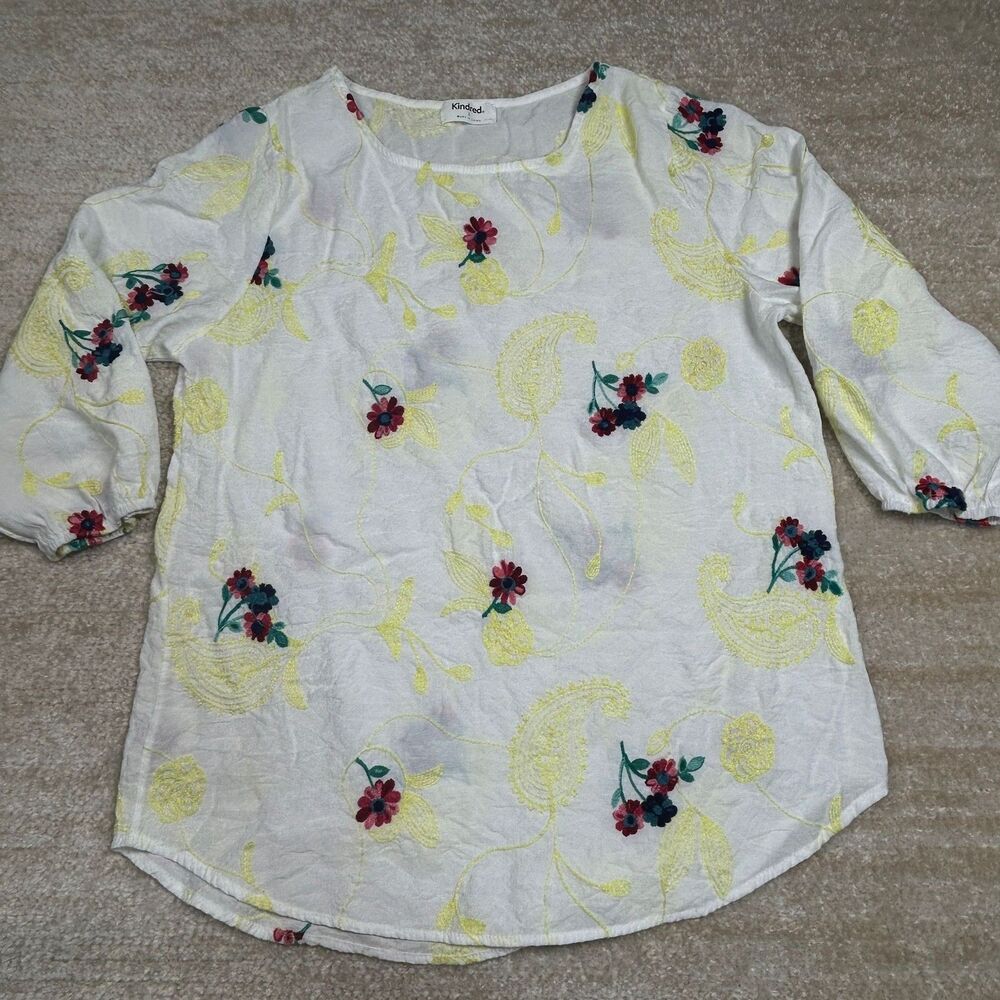 Kindred Blouse Womens L White Yellow Floral Embroidered 3/4 Sleeve Top